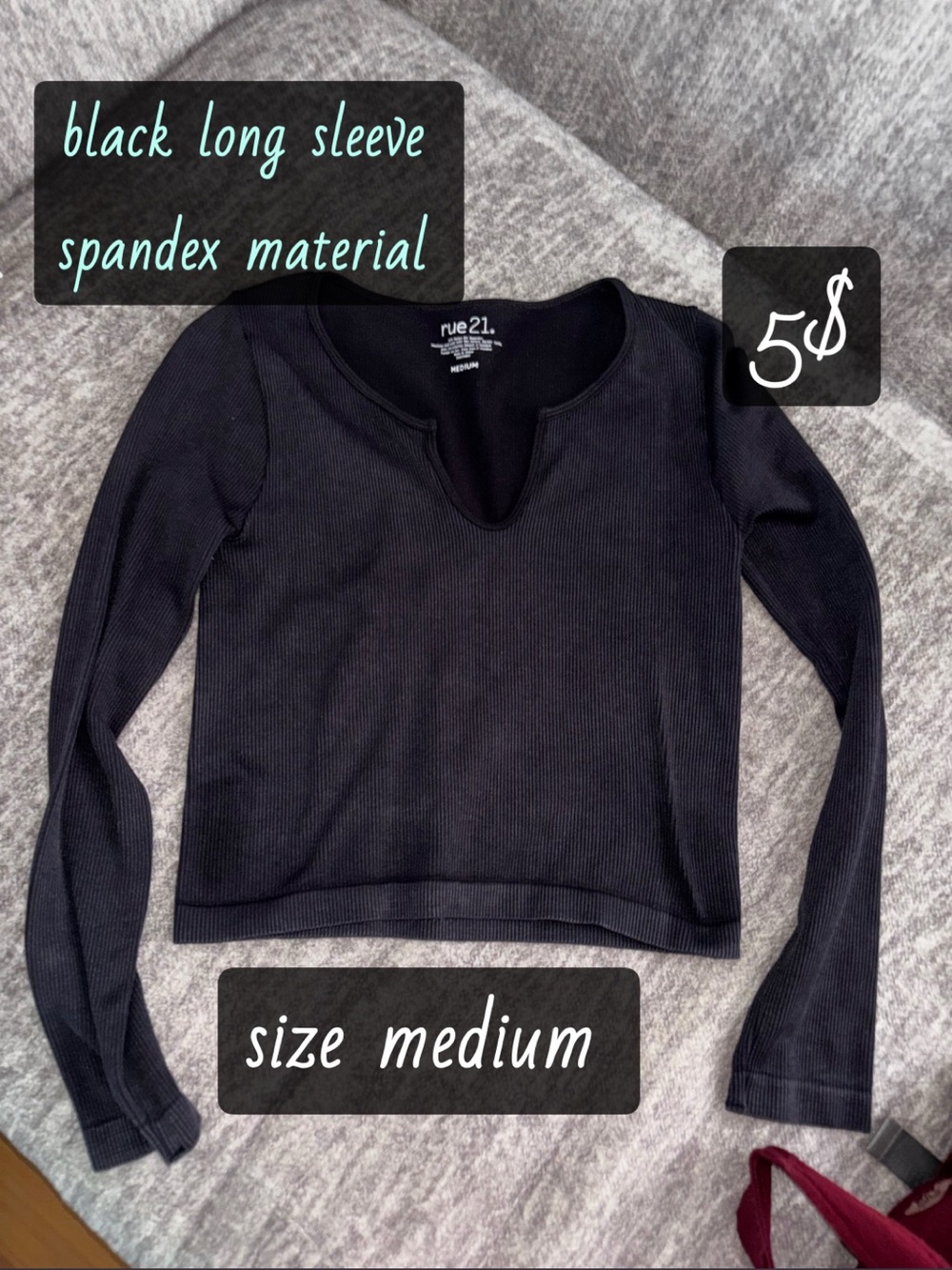 rue21 Black Ribbed Long Sleeve V-Notch Top